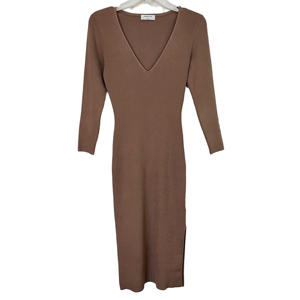 Babaton Ribbed Ponte Knit Contour Dress Brown V-Neck Midi Sexy Women's Small